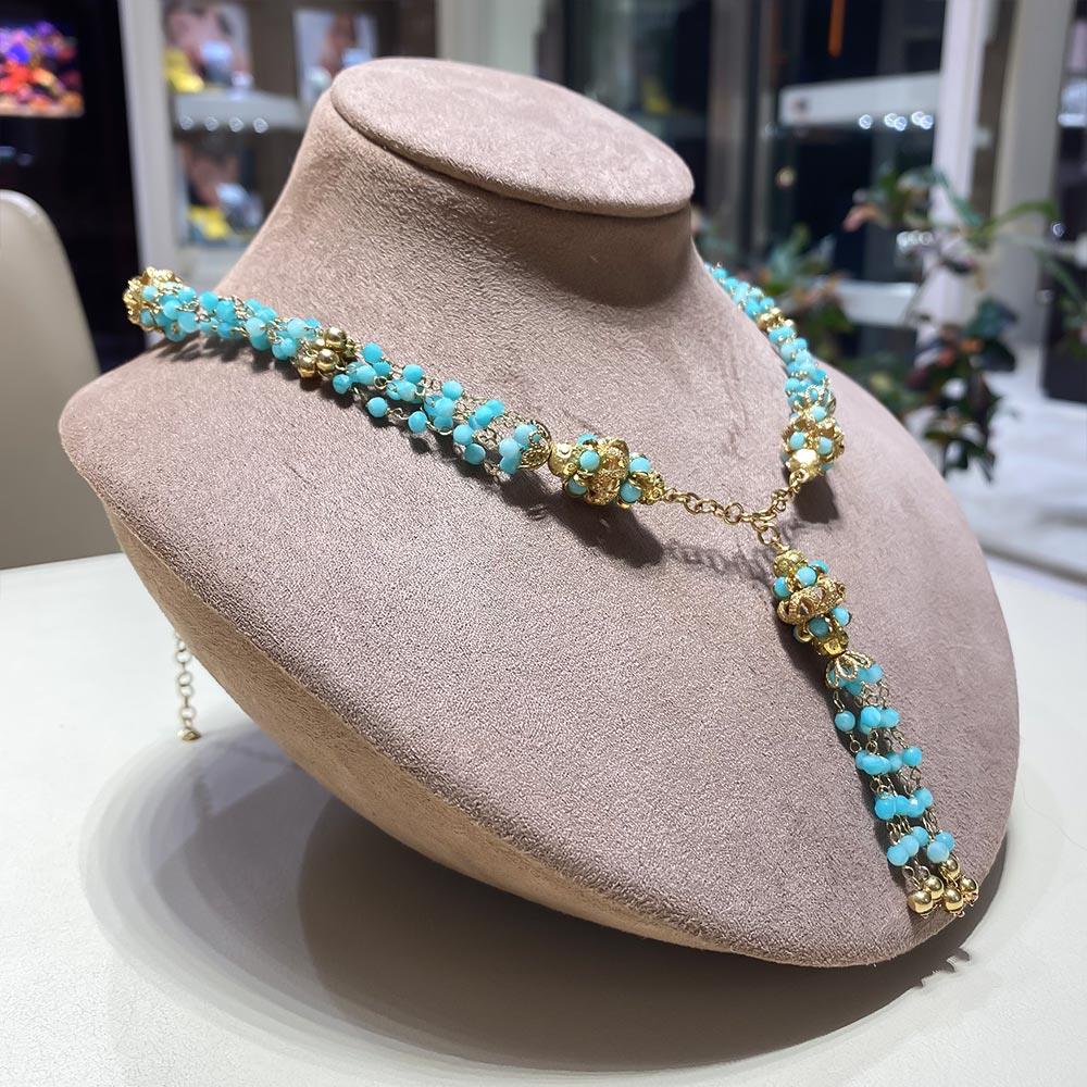  Necklace with threads of azuregems and a hanging tuft in golden silver - GOLDEN CORALS