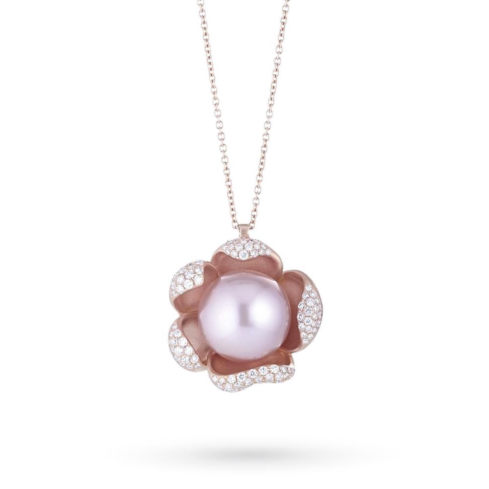 Girocollo fiore perla rosa oro petali diamanti 0,50ct - COSCIA