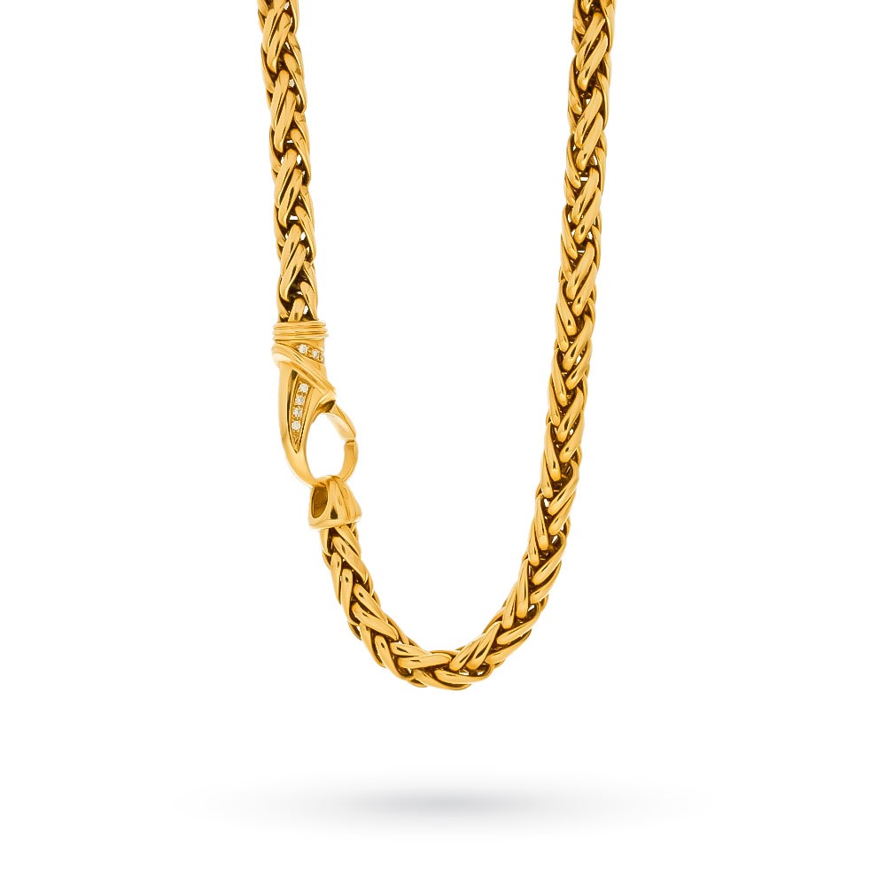 Collana catena maglia spiga in oro giallo molto spessa con diamanti sulla chiusura