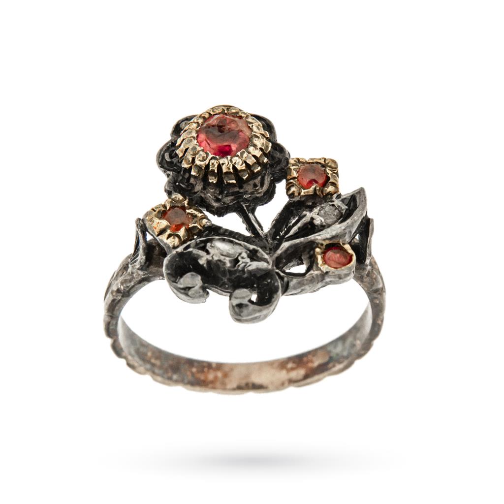 Vintage black gold flower ring with rubies and diamonds - 
