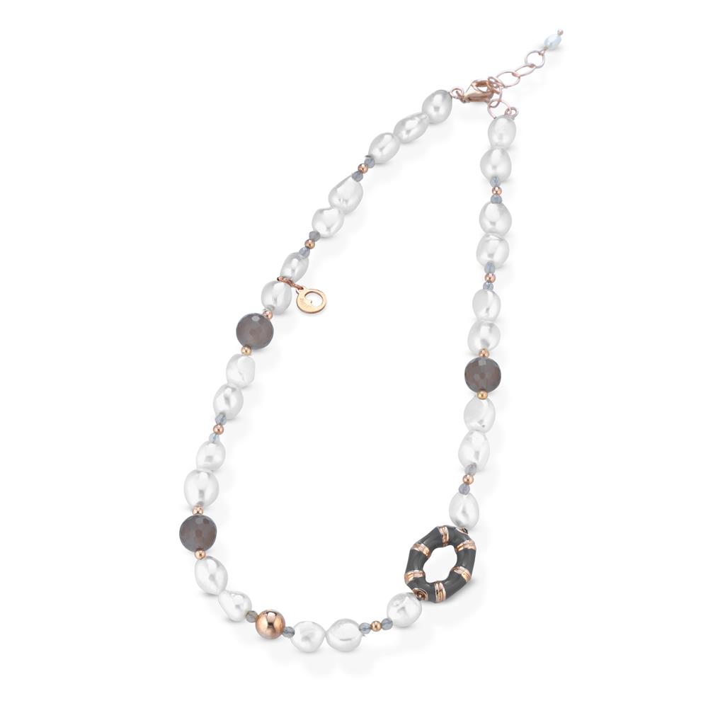  pearl necklace and rose silver with gray agate - GLAMOUR