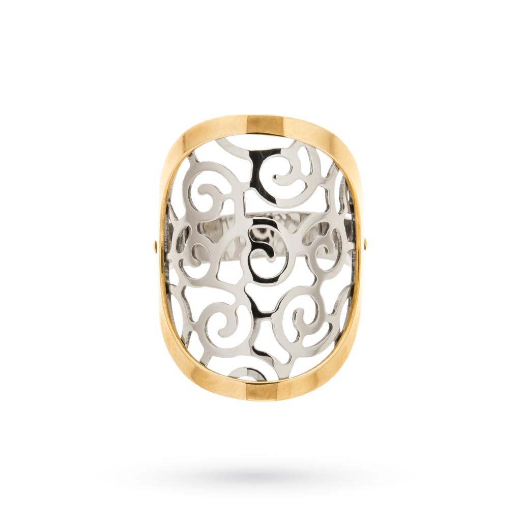 Anello in oro bianco e giallo 18kt  ovale traforato con spirali - LUSSO ITALIANO