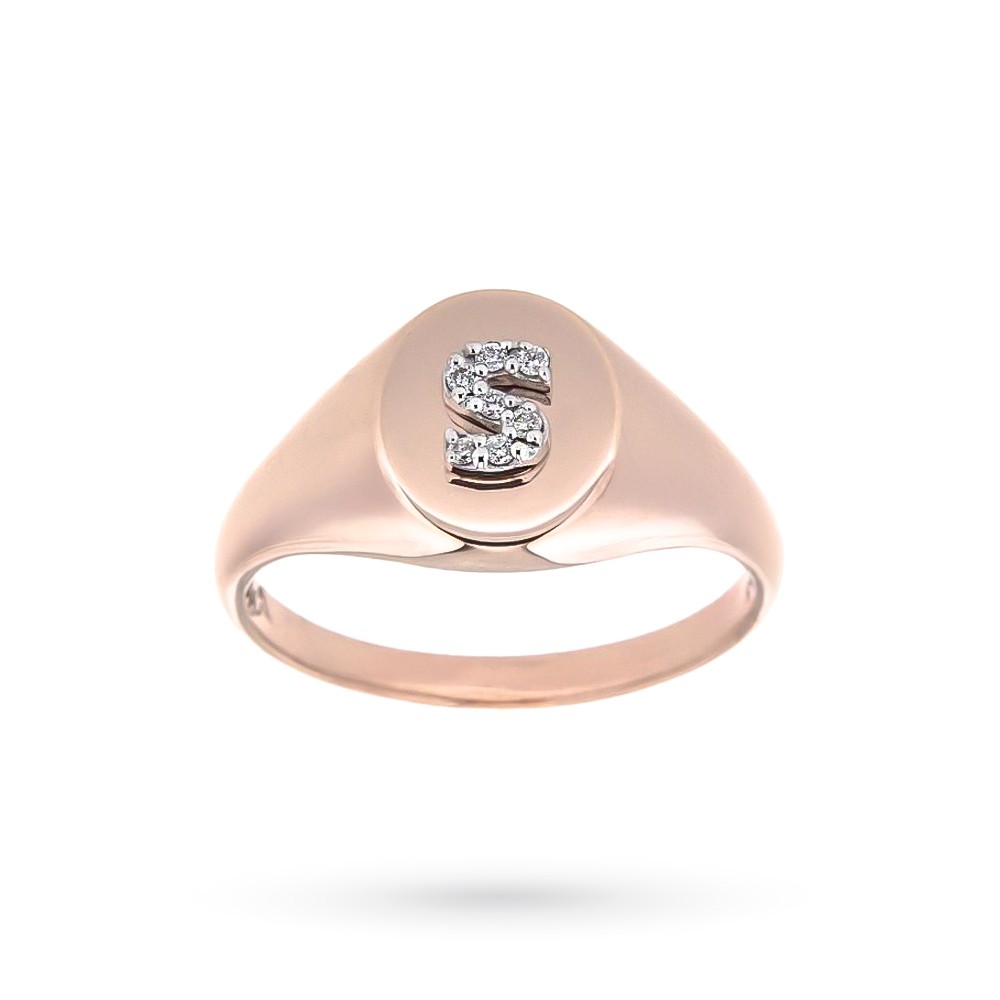Anello chevalier oro rosa lettera S con diamanti 0,04ct - BUONOCORE