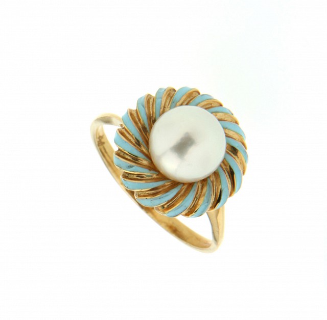  18kt yellow gold vintage ring with pearl and azure enamel - LUSSO ITALIANO