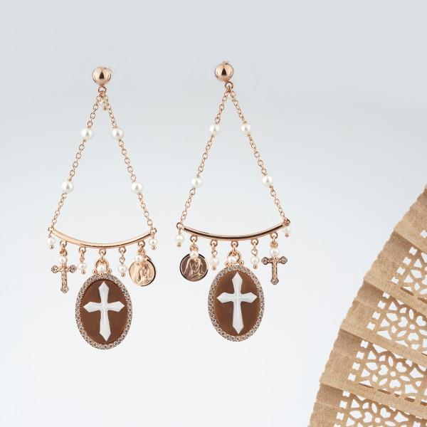  Cameo Cross Pendant Earrings Rose Silver - CAMEO ITALIANO