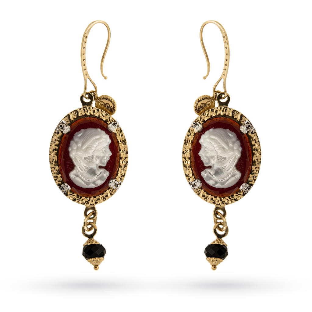 Gold dangling earrings with mother of pearl on carnelian face - UNBRANDED