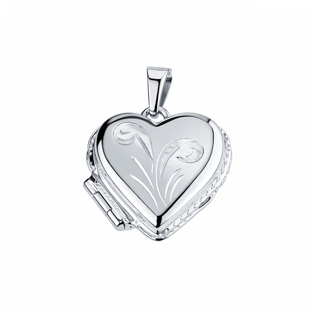 Ciondolo cuore portafoto in oro bianco lucido inciso