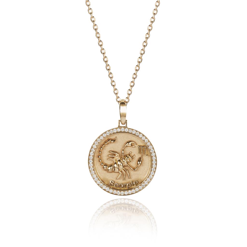 Zodiac sign Scorpio gold and diamond medal necklace - RF JEWELS