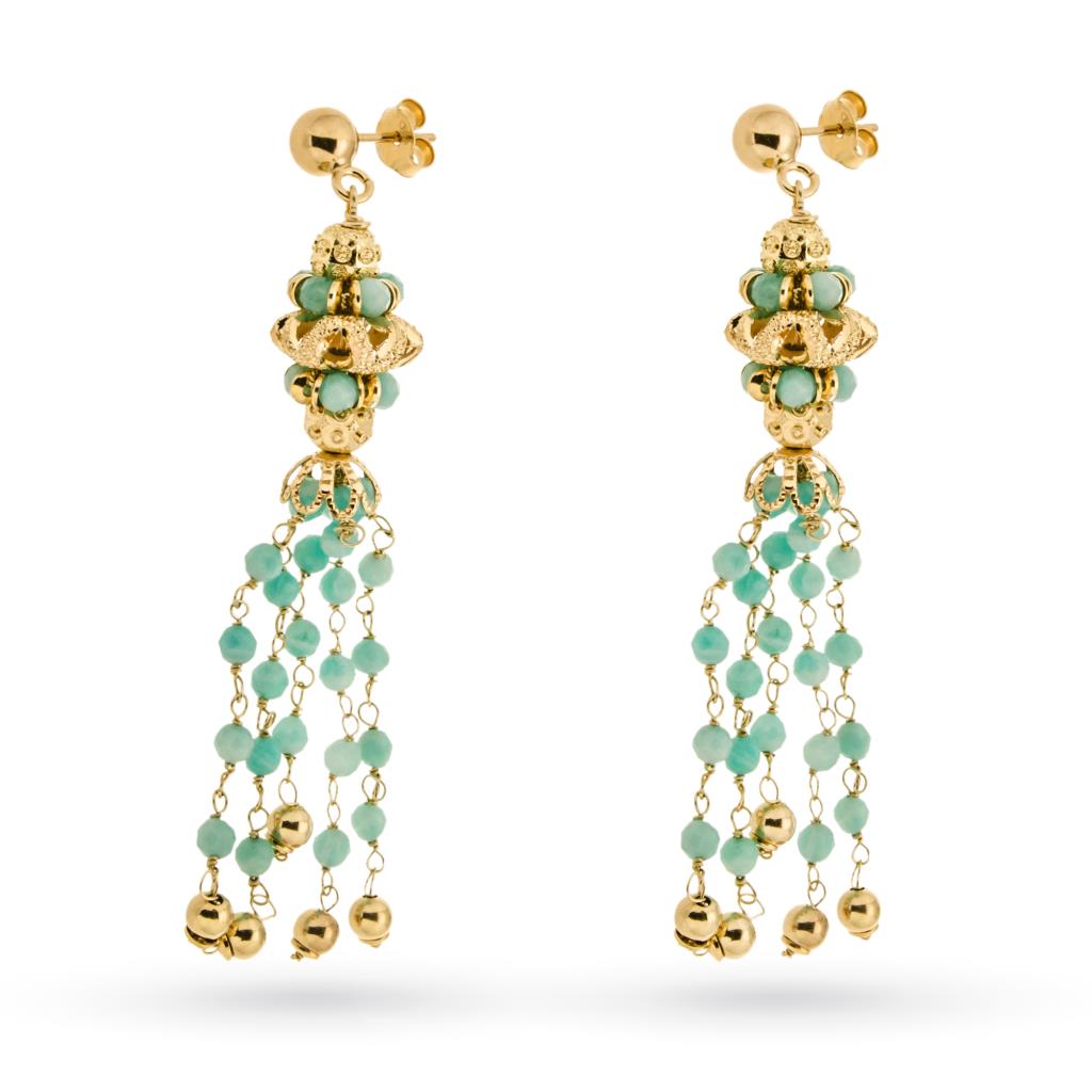 Orecchini pendenti in argento dorato con ciuffi di quarzi azzurri - GOLDEN CORALS