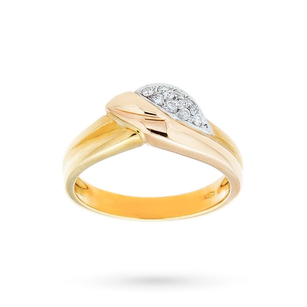 Anello fascia 3 colori oro foglia diamanti 0,11ct - UNBRANDED