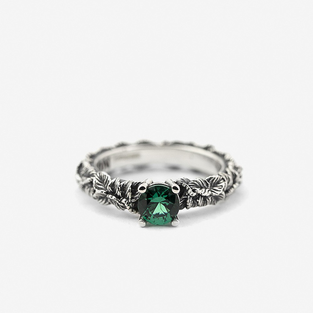  Nove25 burnished silver green zircon leaf solitaire ring - NOVE25