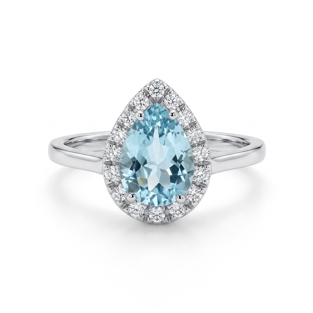 Anello Halo in Oro Bianco con Acquamarina a Goccia (0,69 ct) e Contorno di Diamanti (0,14 ct) - CICALA