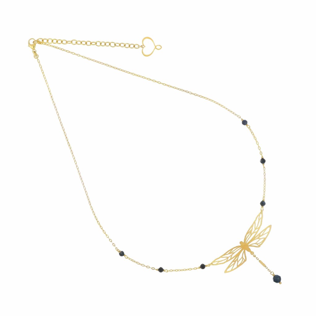 Girocollo Maman et Sophie in argento 925 con galvanica oro giallo, pendente libellula graffiata e sfere di zaffiro sulla catena.