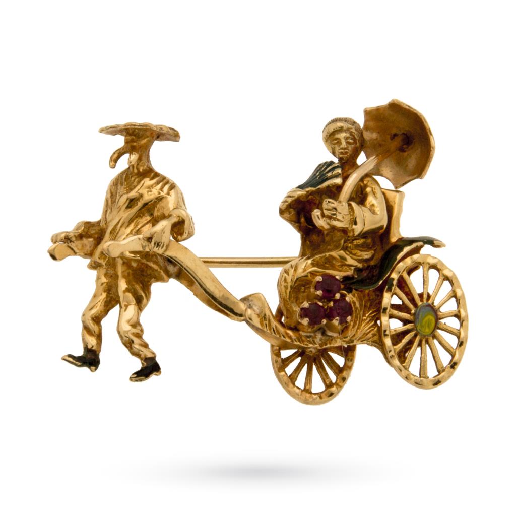 18kt yellow gold vintage brooch with enameled rickshaw - UNBRANDED