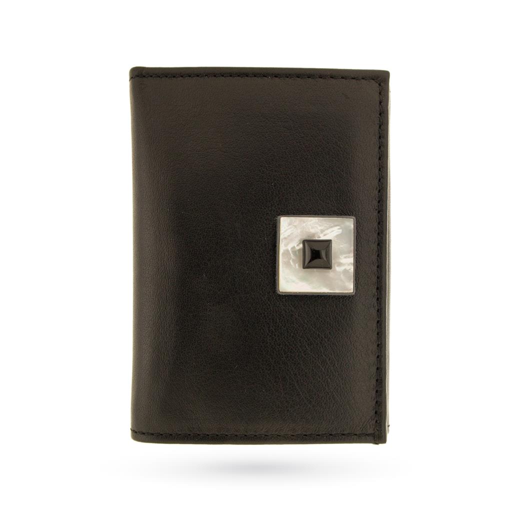 Black leather card holder with mother of pearl and onyx - ASCIONE