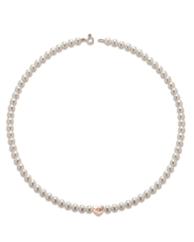 Collana di perle con cuore in oro rosa e 1 diamante - COSCIA