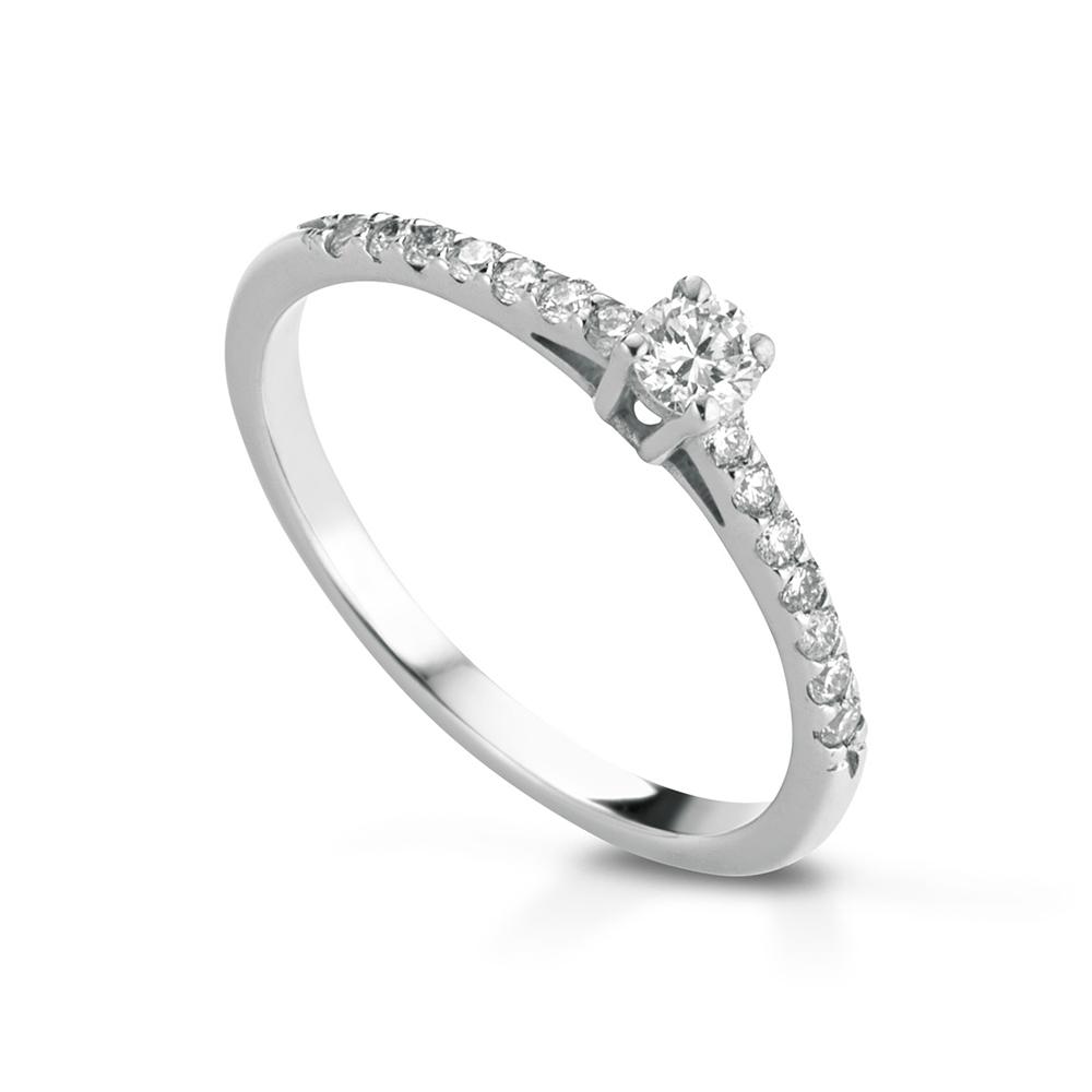 White gold ring with 0.10ct solitaire diamond and brilliants - LELUNE