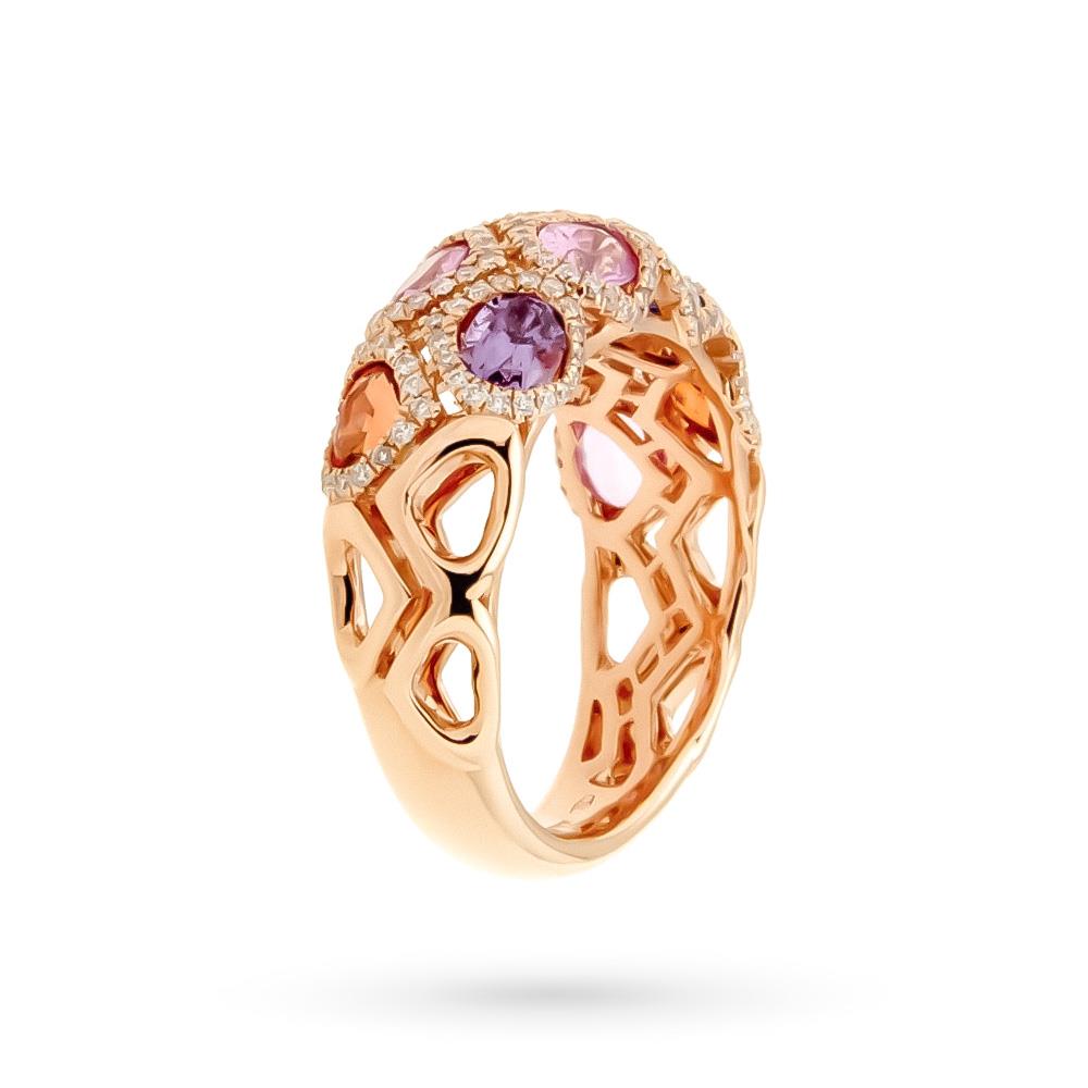  Anello oro rosa zaffiri multicolor 2,70ct contorno diamanti 0,41ct - CICALA
