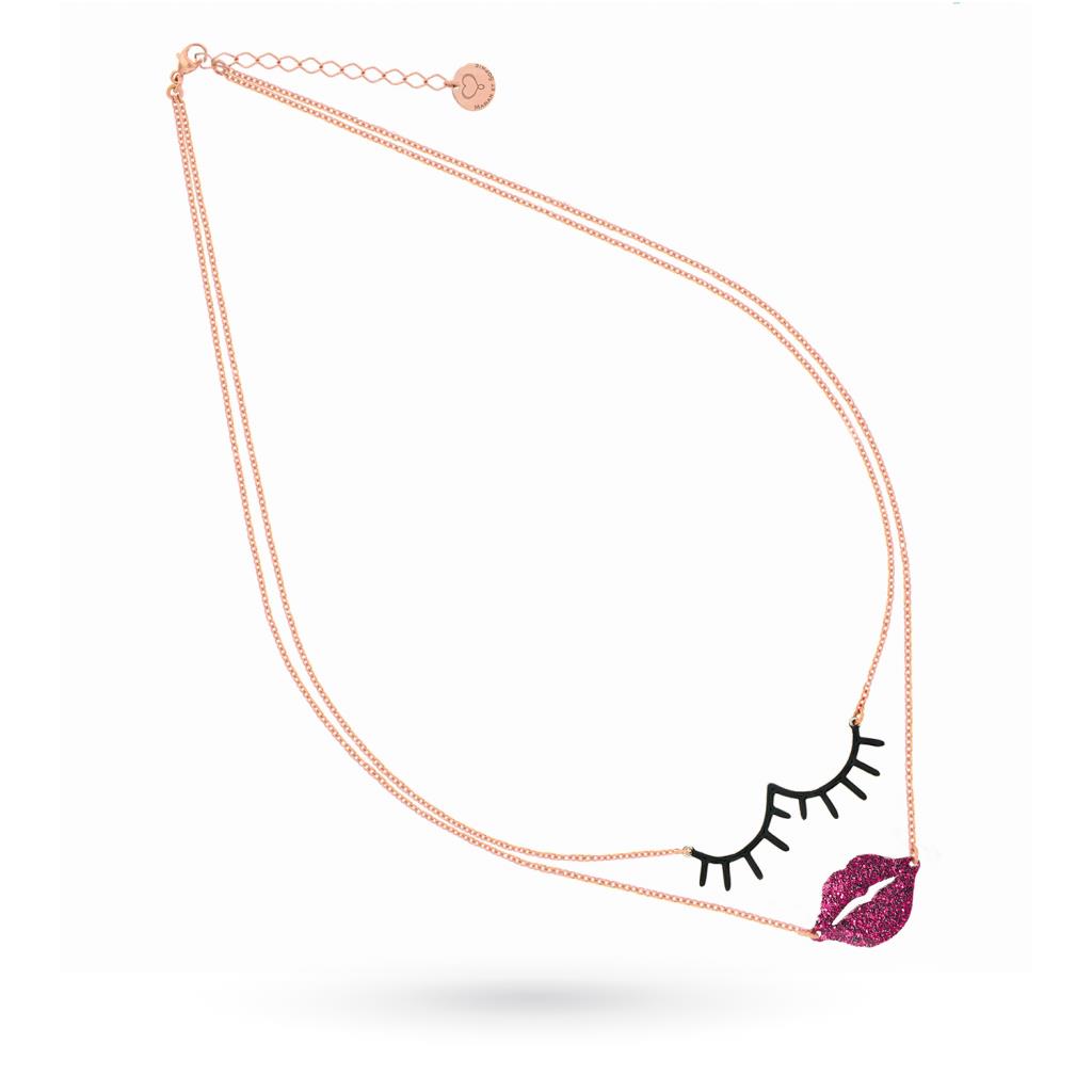 Pink silver lips and eyes double chain necklace - MAMAN ET SOPHIE