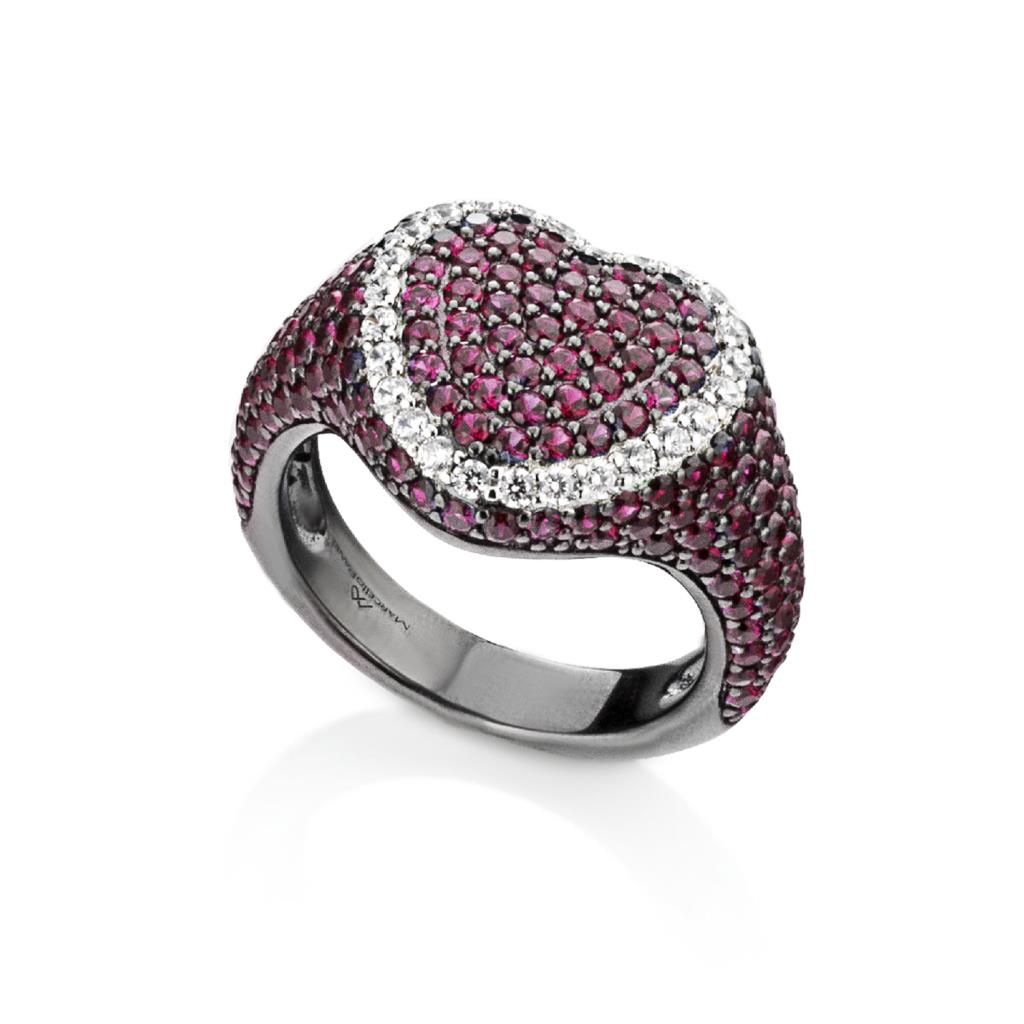 Marcello Pane silver chevalier ring with pink pave heart - MARCELLO PANE