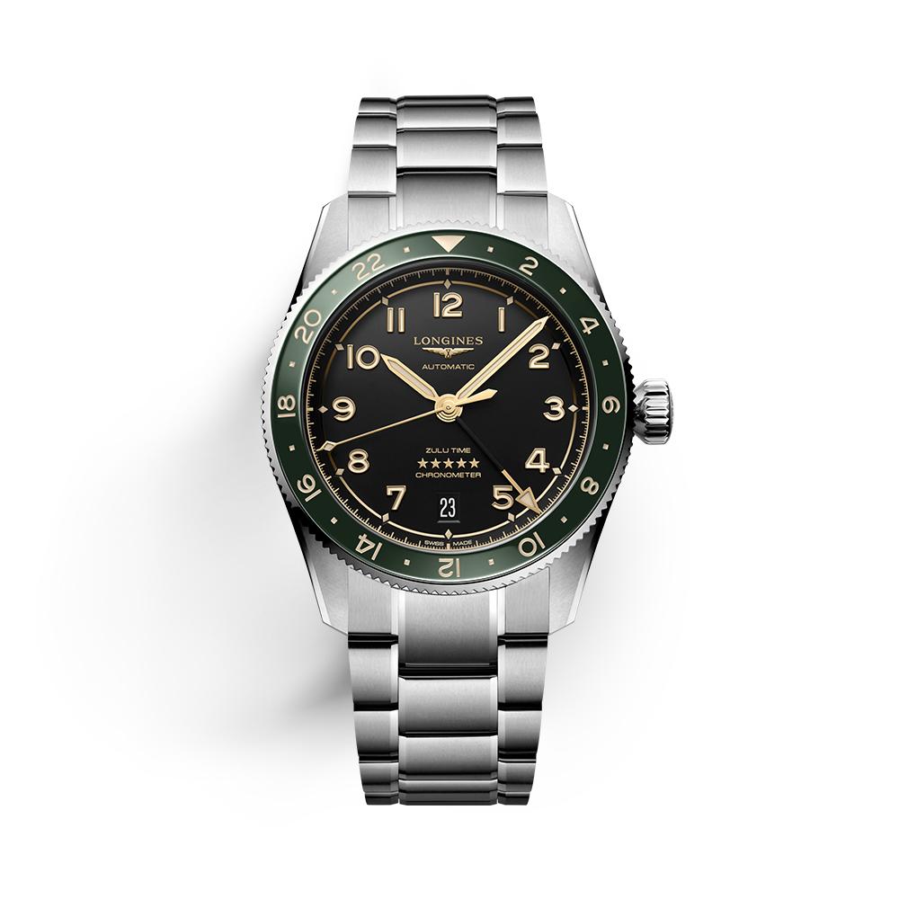 Orologio Longines Spirit in acciaio con movimento automatico e quadrante nero.