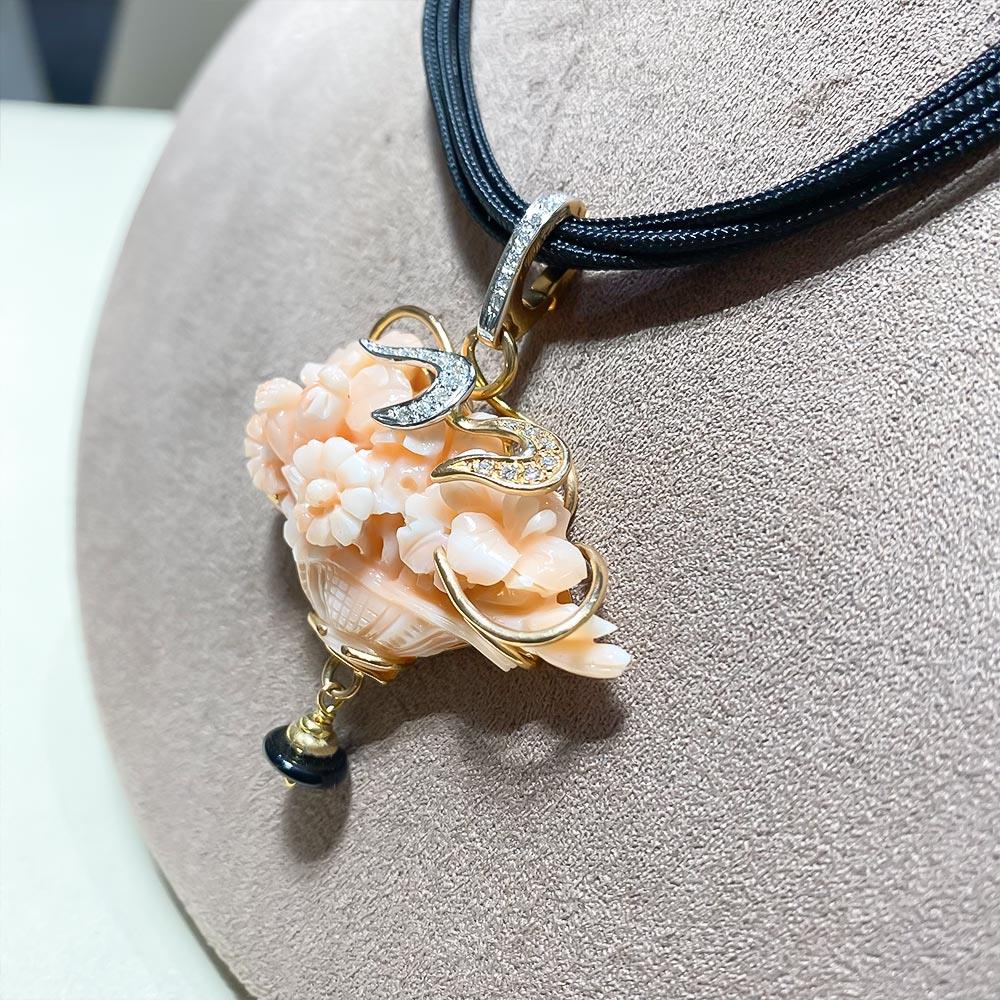  Coral pendant necklace flowers basket gold onyx diamonds 44cm - SILVIA KELLY
