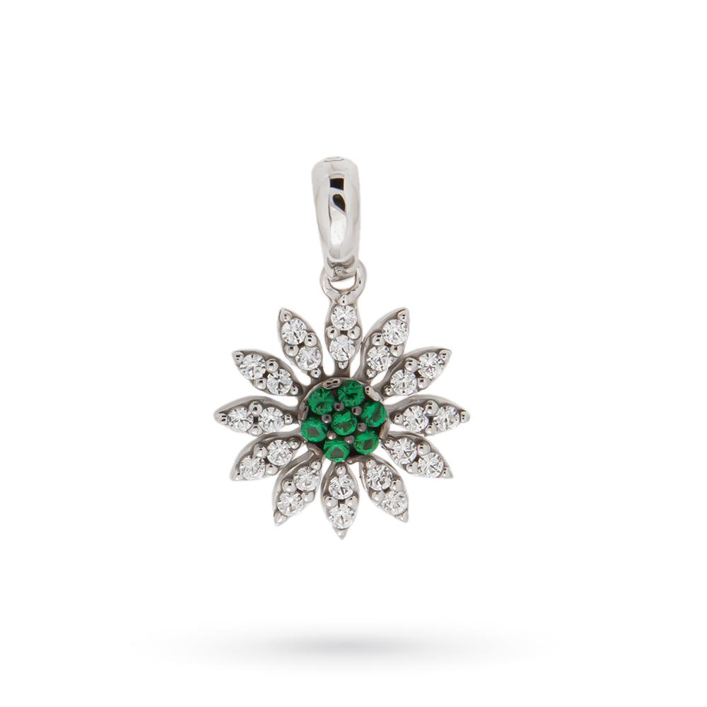 18kt white gold daisy pendant with white green gems - LUSSO ITALIANO