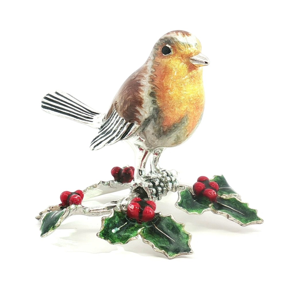 Pettirosso su agrifoglio soprammobile argento 925 smalto - SATURNO