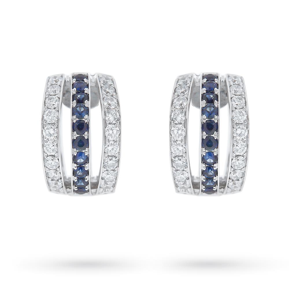 White gold hoop earrings 3 lines diamonds sapphires - UNBRANDED