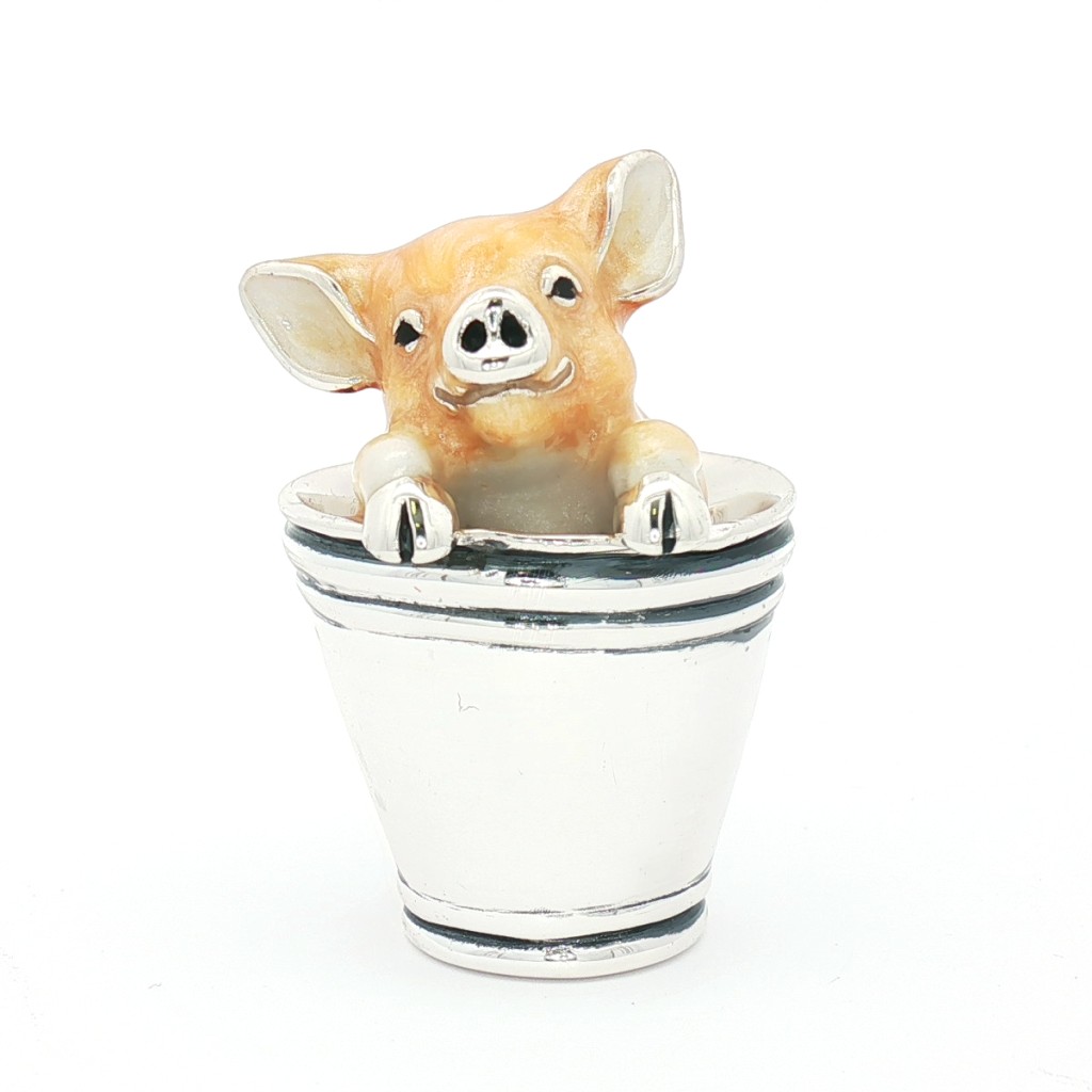  Enamel Pig in the Bucket silver ornament Saturnoo ST123-2 - SATURNO