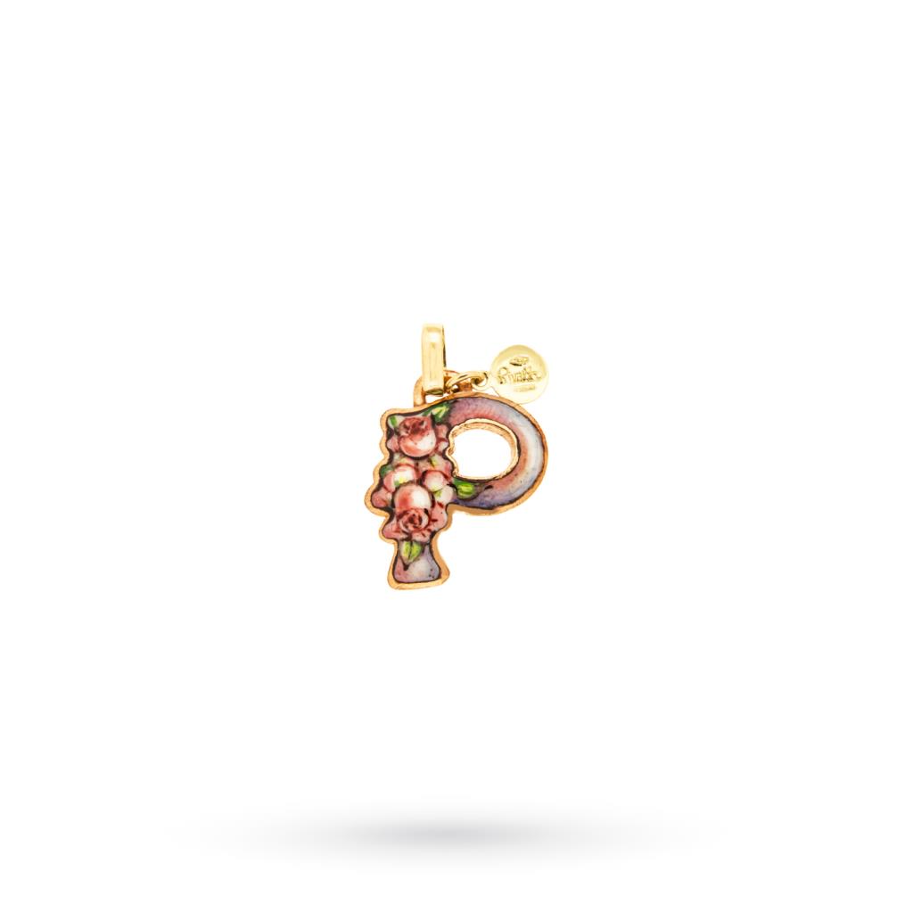 Enamel initial P pendant on a copper base with pink flowers - GABRIELLA RIVALTA