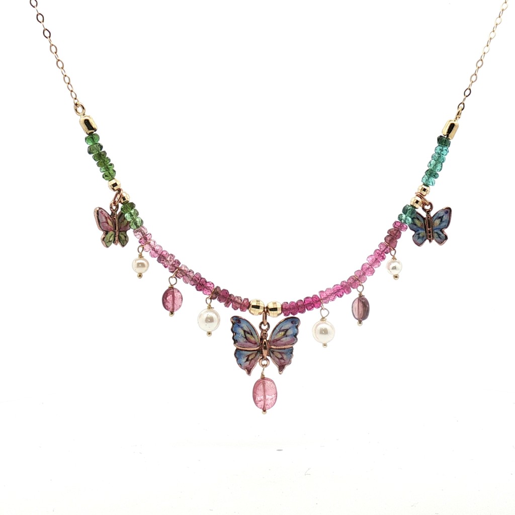 Collana Gabriella Rivalta con Farfalle Smaltate, Perle e Cristalli Multicolor