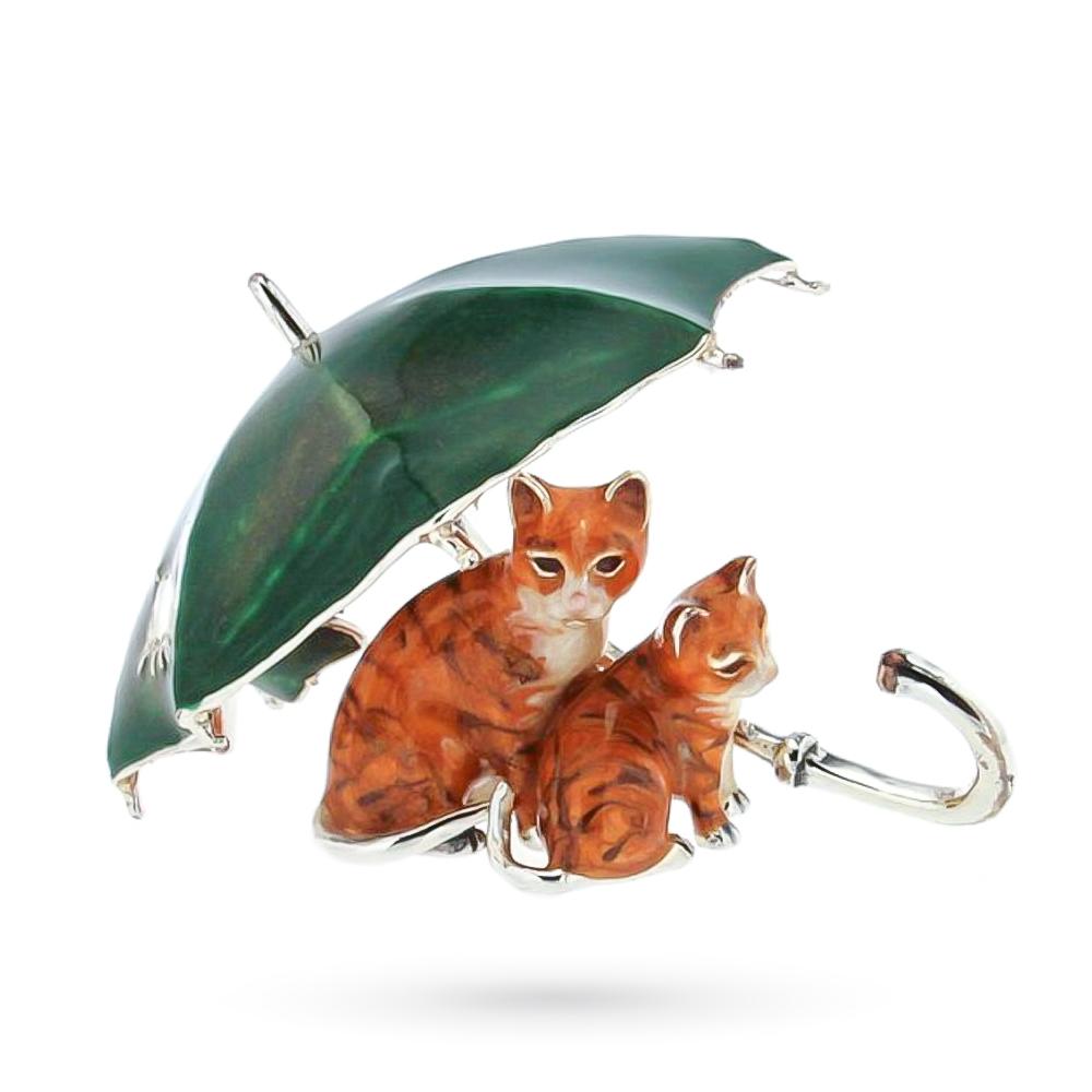  Kittens under an umbrella ornament in silver and enamel - SATURNO