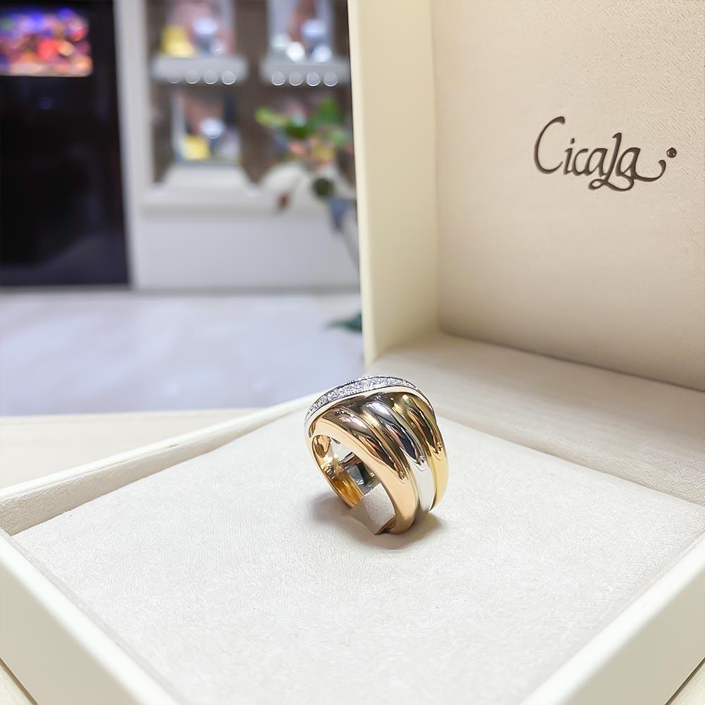  Large gold tricolor band with 0,15ct diamond line - GIORGIO VISCONTI