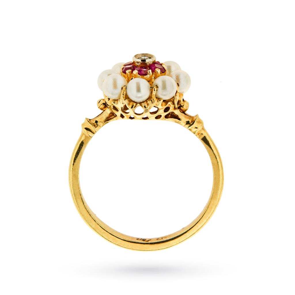 Anello vintage oro giallo fiore perle gemme rosa - 