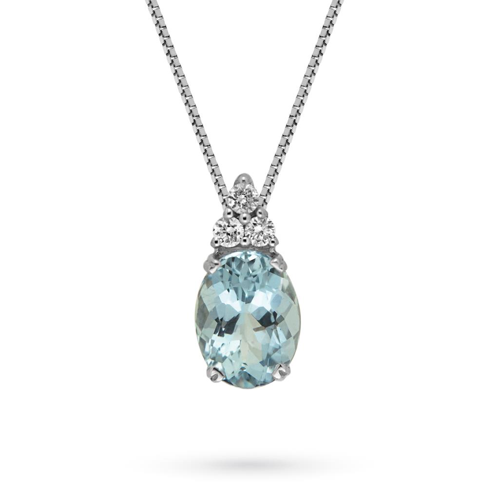 Girocollo in oro bianco con acquamarina ovale e 3 diamanti  - CICALA