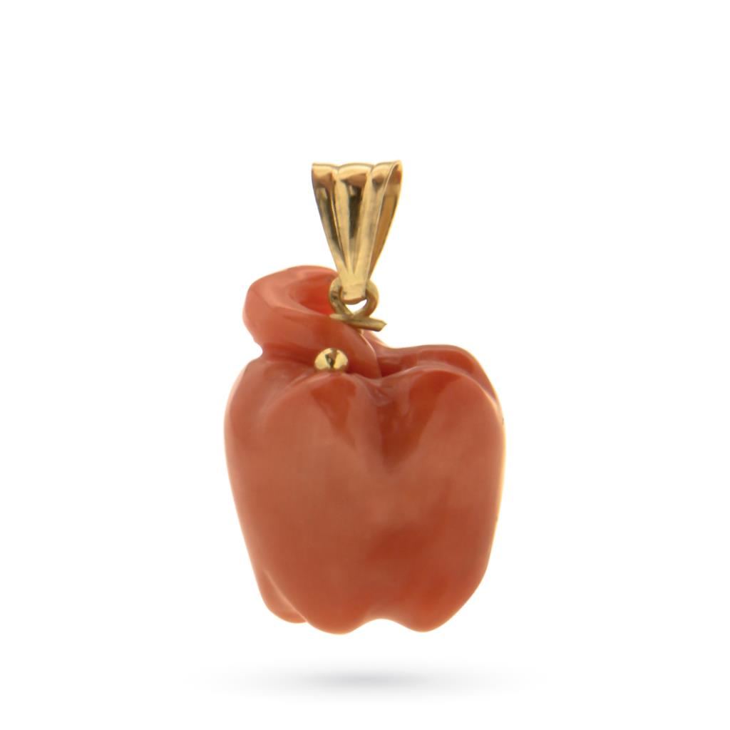 Red coral apple charm hand engraved and yellow gold - LUSSO ITALIANO