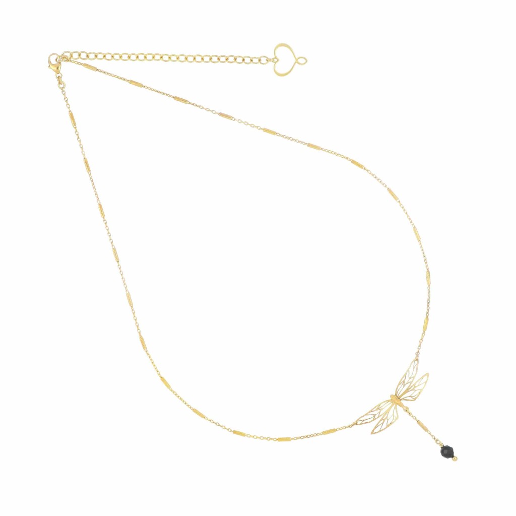 Girocollo Maman et Sophie in argento 925 con galvanica oro giallo, libellula lucida con spinello e catena regolabile con tubini.