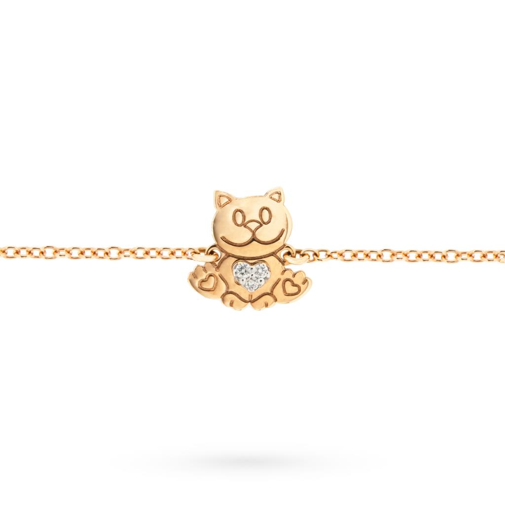 Bracciale oro rosa gattino cuore diamanti 17 cm - UNBRANDED