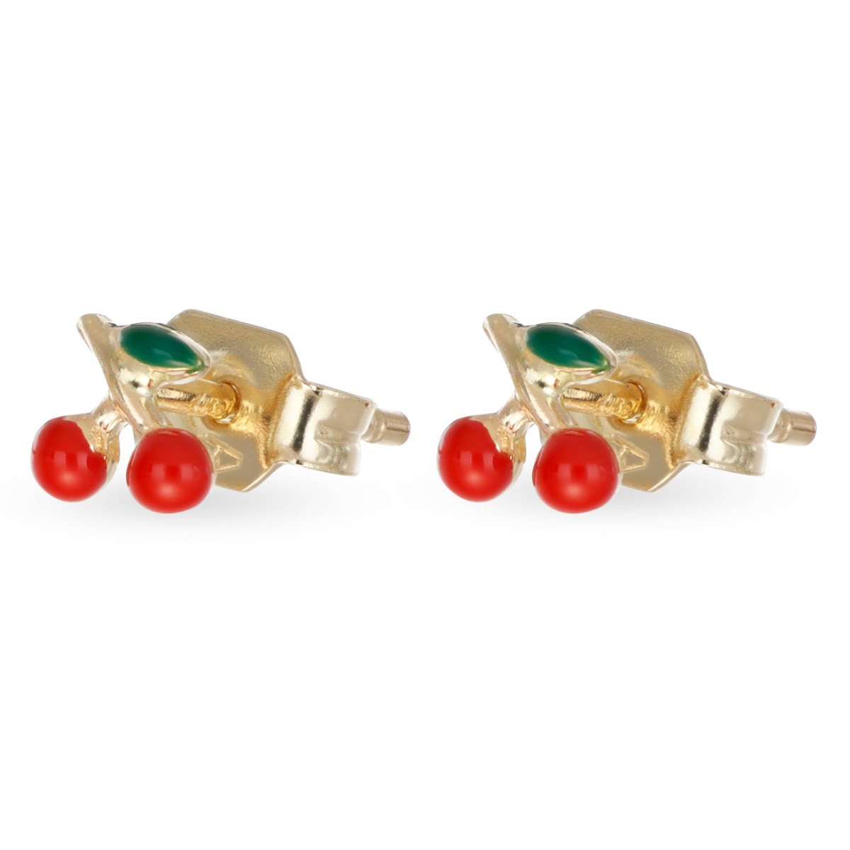 Orecchini a forma di ciliegia in oro giallo 18kt con smalto rosso e verde 8x8 mm per bambina, Cicala