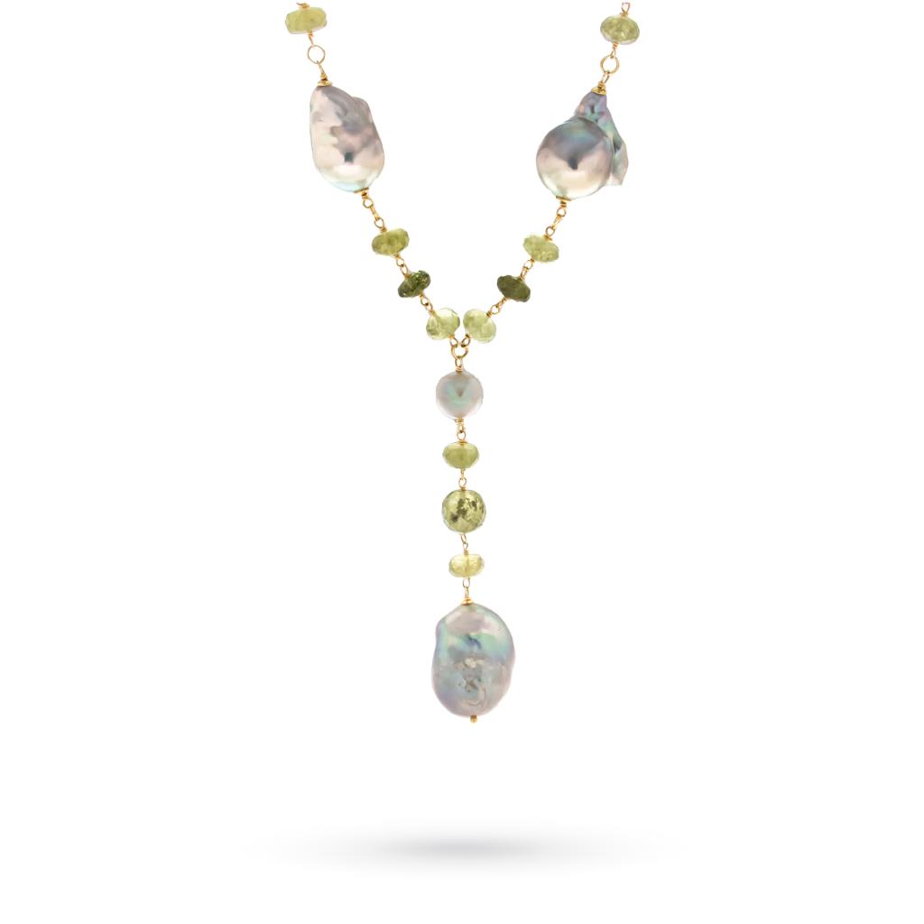 Green tourmaline necklace baroque pearls 9kt yellow gold - PETRALUX