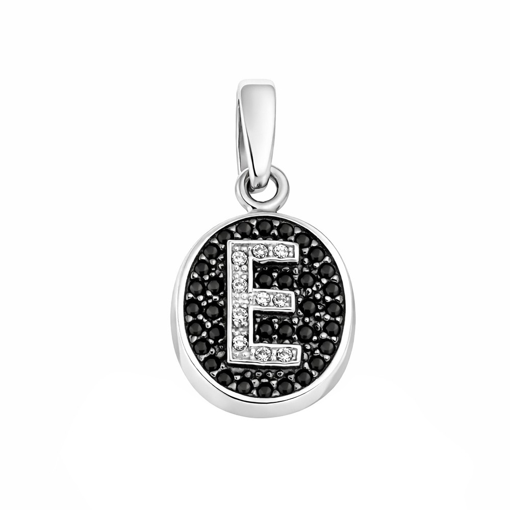 Ciondolo E in argento con zirconi bianchi e neri