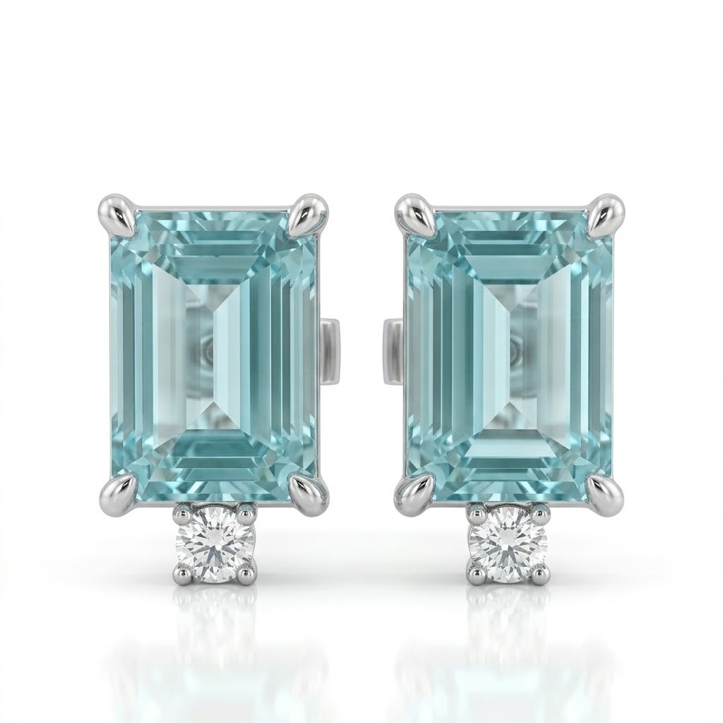 Orecchini a Lobo in Oro Bianco con Acquamarine Ottagonali (1,72 ct) e Diamanti in Testa (0,03 ct) - CICALA
