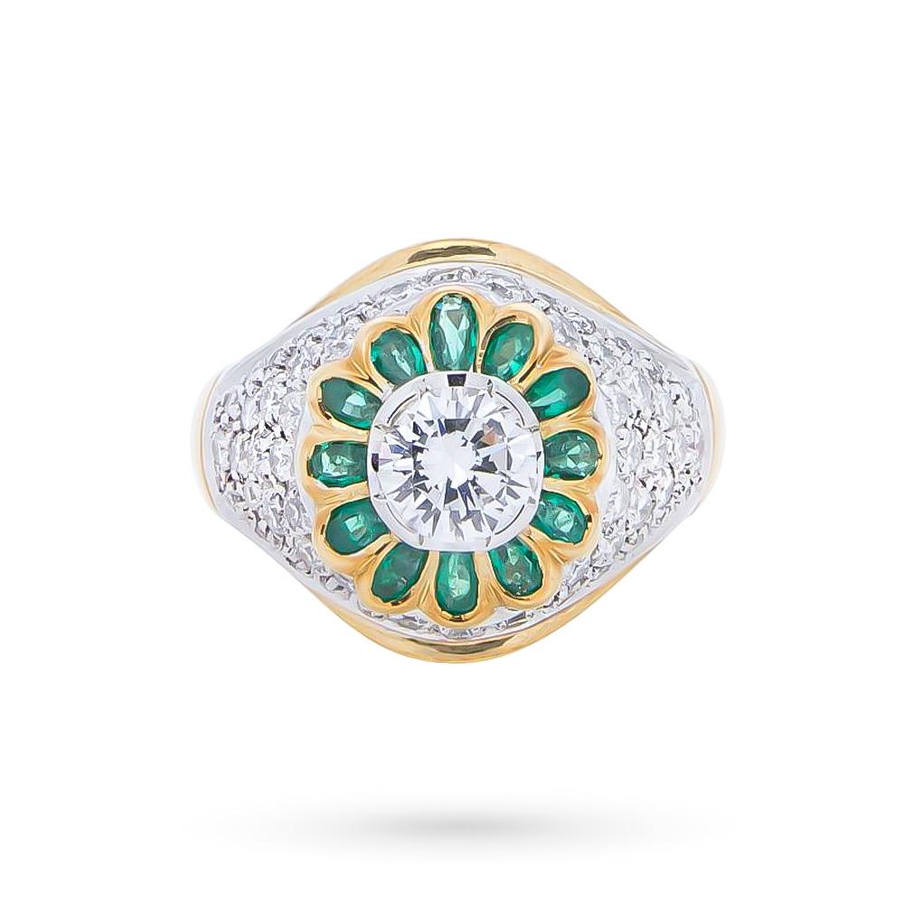  Anello fascia oro giallo bianco fiore smeraldi 0,75 diamanti 1,32ct - CICALA
