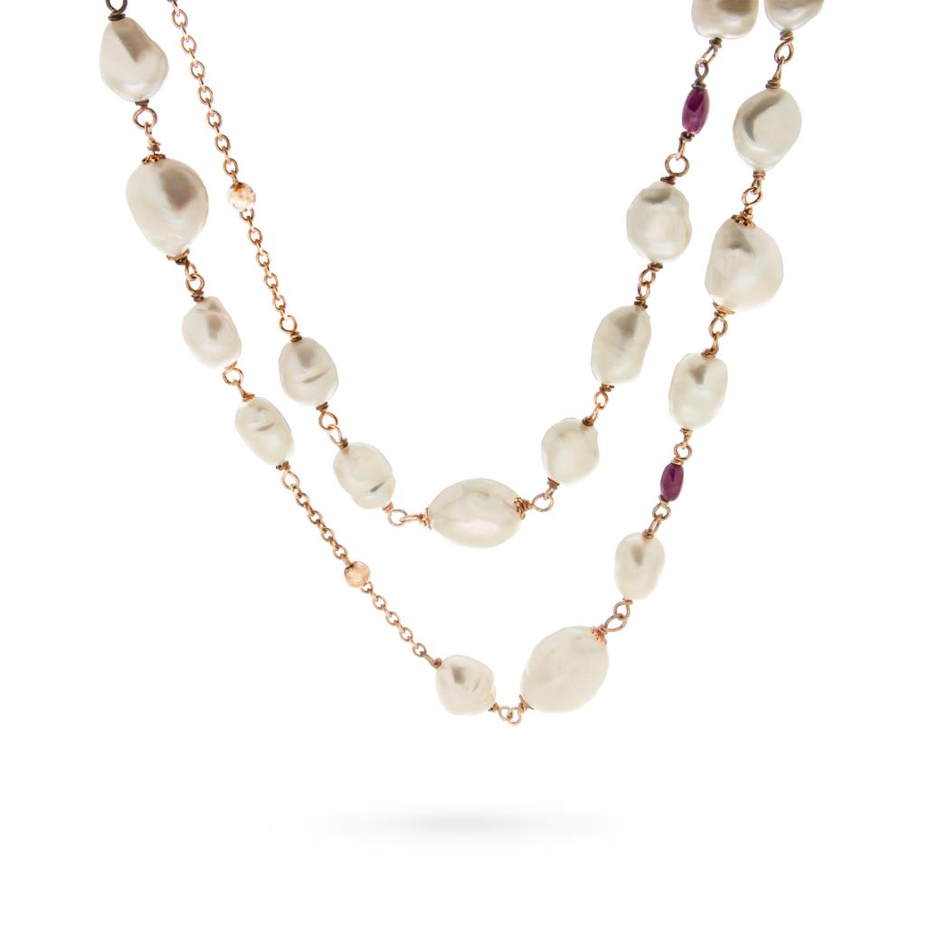 Long necklace in silver pearls and rubies 100cm - ETEREA