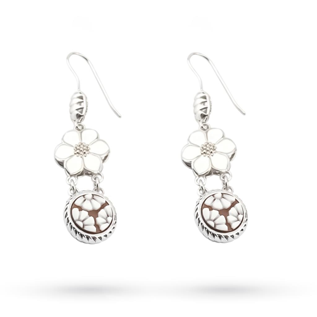 Silver pendant earrings, cameo daisies and enamel - CAMEO ITALIANO