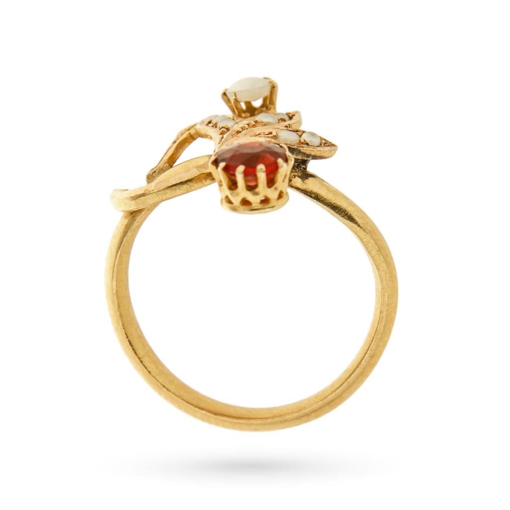  Anello vintage floreale oro giallo perle gemma rossa - 