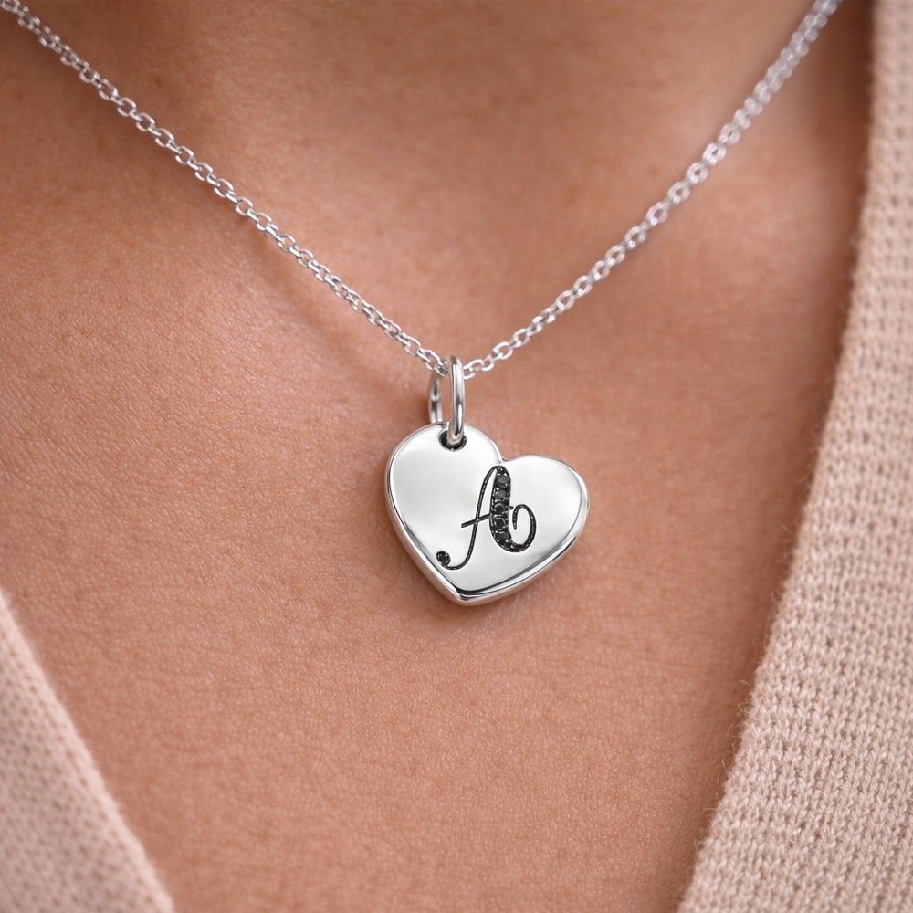  Ciondolo cuore lettera A Argento diamanti neri 13x13 mm - ORO TREND