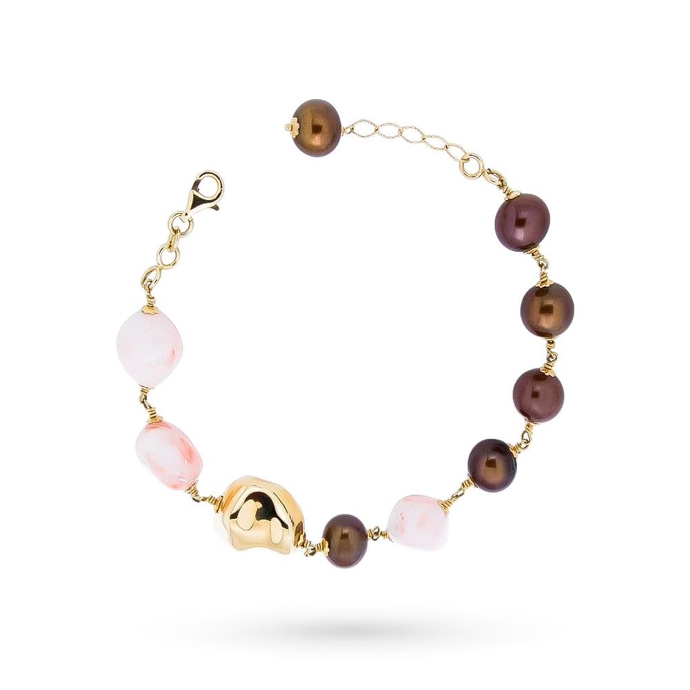 Yellow gold nugget bracelet with chocolate pink coral pearls - CICALA
