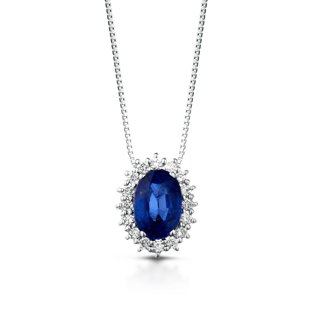 Collana classica con zaffiro blu 0,63ct contorno brillanti - LELUNE